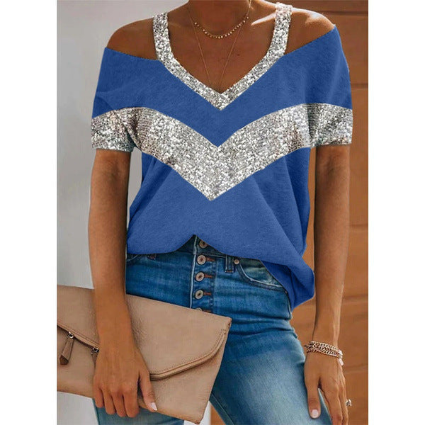Women V-Neck Sequin Accent Casual Top Ivyshape