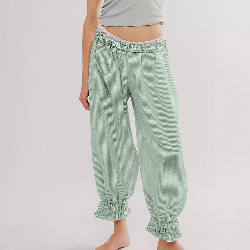 Women’s casual striped pants with elastic waistband and ruffle details Ivyshape