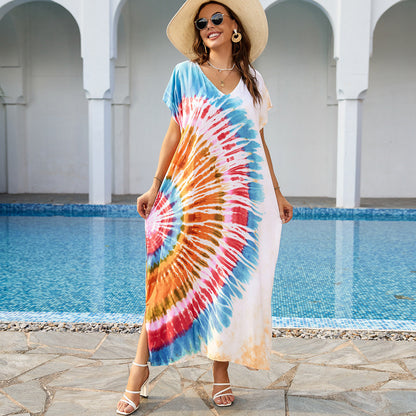 Women's maxi dress with colorful tie-dye pattern and side slit Ivyshape