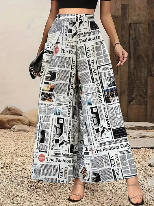 Ladies Wide-Leg Newspaper Print Pants Ivyshape