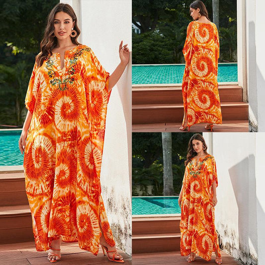 Women’s kaftan with handcrafted tie-dye pattern and elegant embroidery Ivyshape