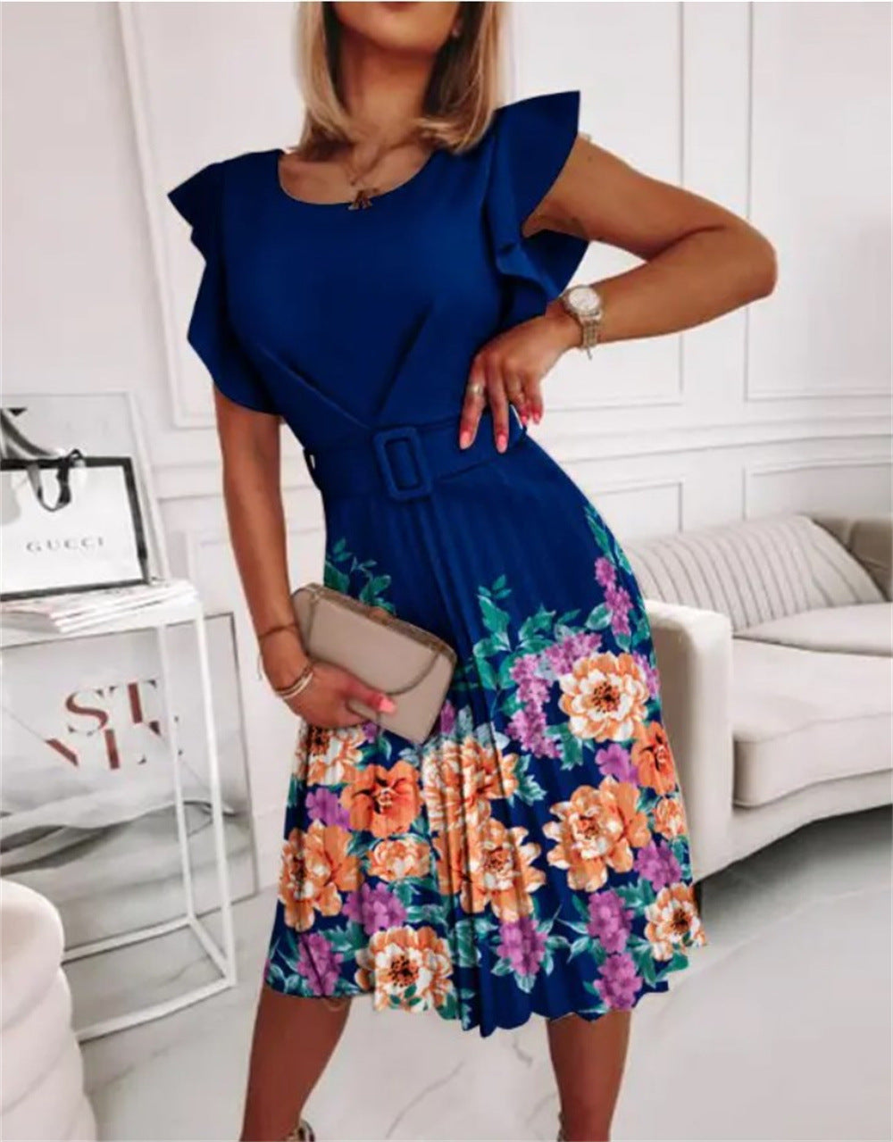 Ladies Midi Dress with Voluminous Sleeves and Chic Waist Definition Ivyshape
