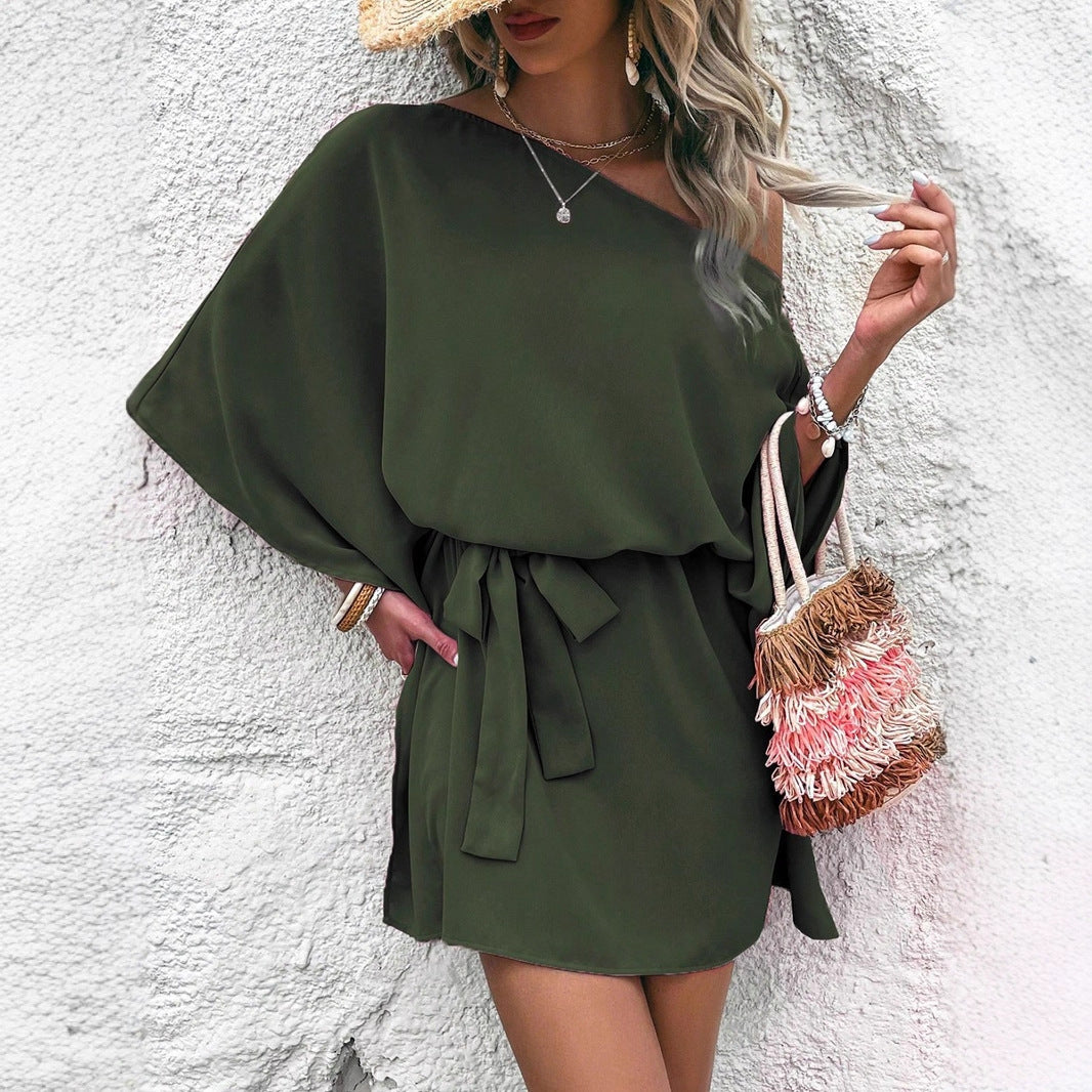 Women’s casual wrap dress with asymmetrical design and waist belt Ivyshape