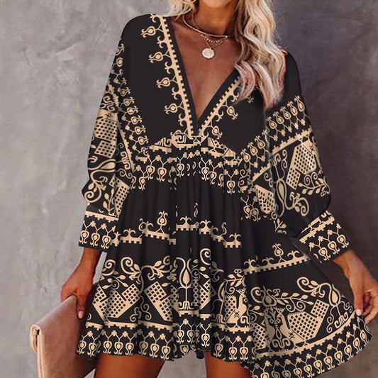 Women's casual dress with V-neck and rich pattern Ivyshape