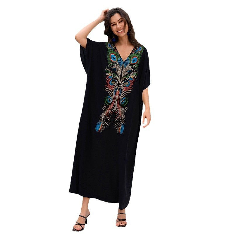 Women's caftan with artistic peacock motif and V-neck Ivyshape