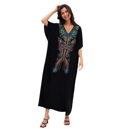 Women's caftan with artistic peacock motif and V-neck Ivyshape