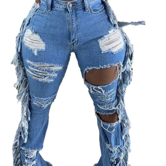 Ladies distressed wide-cut denim jeans with fringe details Ivyshape