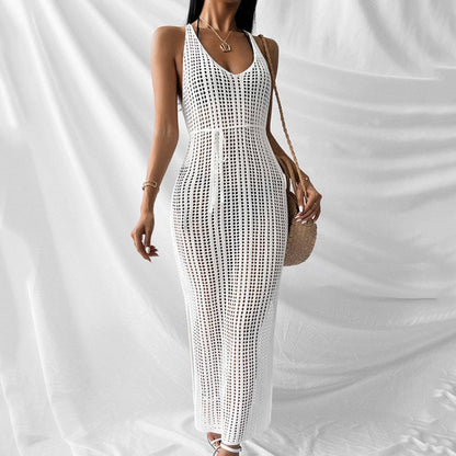 Ladies airy beach dress with exquisite crochet pattern and side slit Ivyshape