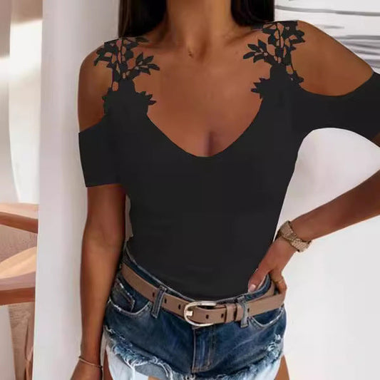 Ladies Cold Shoulder Floral Embellished V-Neck Top Ivyshape