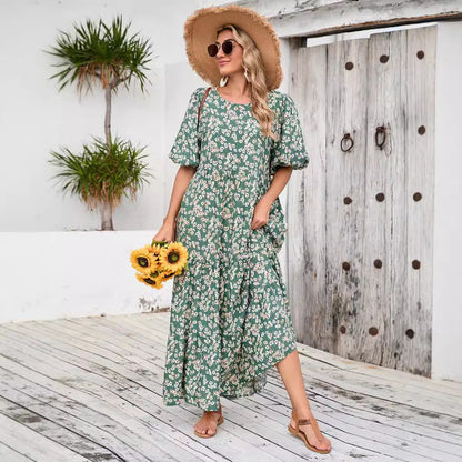 Women's maxi dress with floral design and airy puff sleeves Ivyshape