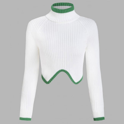 Women cropped knit sweater with high collar and contrast hem Ivyshape