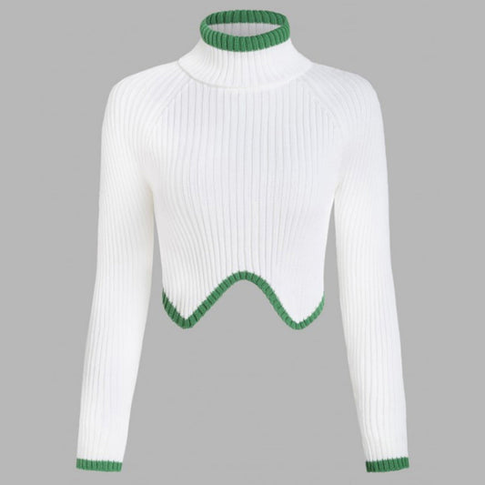 Women cropped knit sweater with high collar and contrast hem Ivyshape