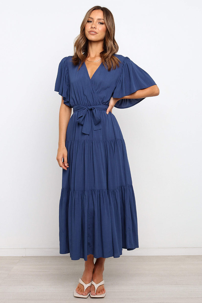 Women's Wrap Maxi Dress with Voluminous Sleeves and Ruffle Details Ivyshape