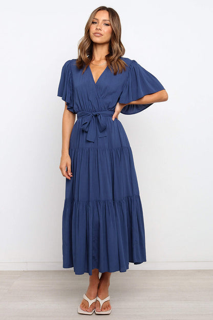 Women's Wrap Maxi Dress with Voluminous Sleeves and Ruffle Details Ivyshape