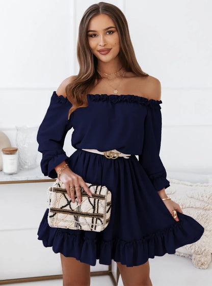 Women's Off-Shoulder Dress with Ruffle Details and Elastic Waist Ivyshape