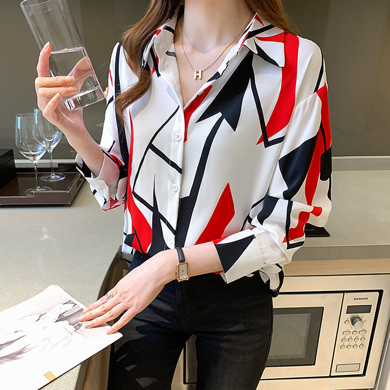 Ladies Fashion Blouse with Geometric Pattern and Elegant Button Placket Ivyshape