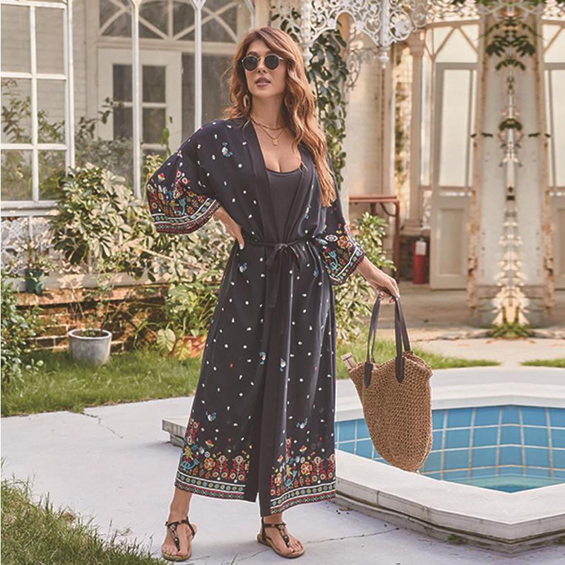 Women's airy beach kaftan with colorful floral embroidery design Ivyshape