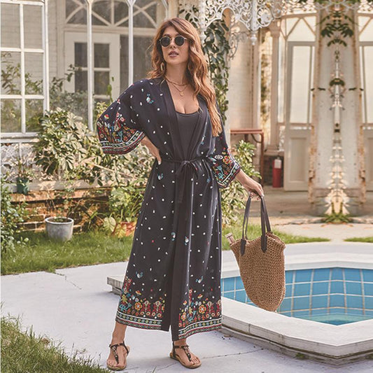 Women's airy beach kaftan with colorful floral embroidery design Ivyshape