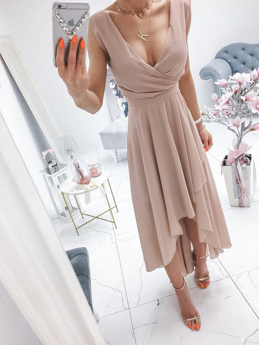 Women's asymmetrical wrap dress with elegant V-neck and flowy hem Ivyshape