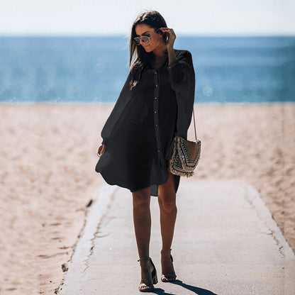 Women's Casual Beach Shirt Dress with Button Detail and Loose Fit Ivyshape