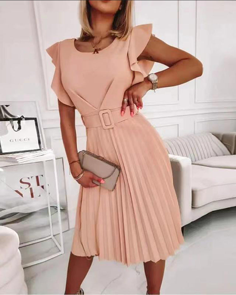 Women's Pleated Cocktail Dress with Ruffle Details and Waist Belt Ivyshape
