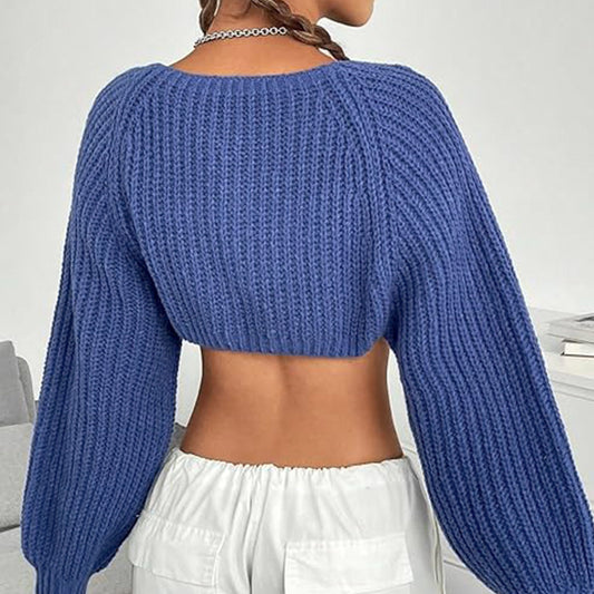 Women's cropped pullover with long puff sleeves and decorative ribbons Ivyshape
