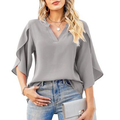 Women's Elegant Blouse with Asymmetric Sleeve and V-Neck Ivyshape