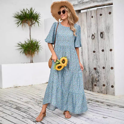 Women's maxi dress with playful floral design and elastic waist tie Ivyshape
