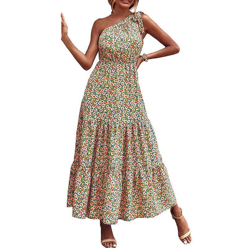 Women's maxi dress with asymmetric neckline and floral print Ivyshape