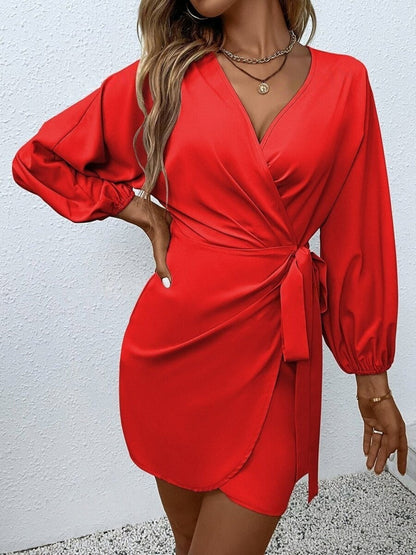 Ladies elegant wrap dress with voluminous sleeves and waist belt Ivyshape