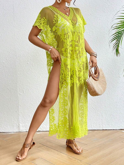 Women's Transparent Beach Robe with Floral Crochet Pattern Ivyshape
