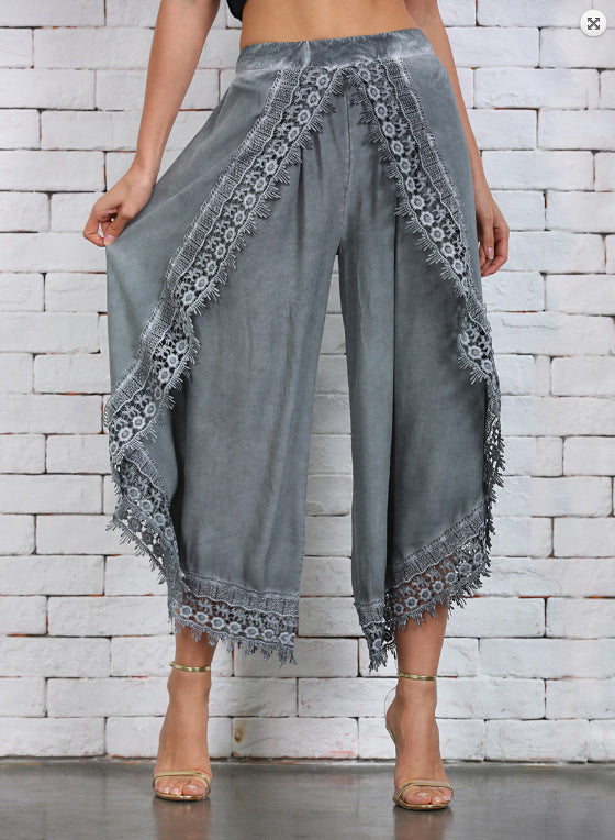 Ladies Elegant Lace Trim Wide Pants Ivyshape
