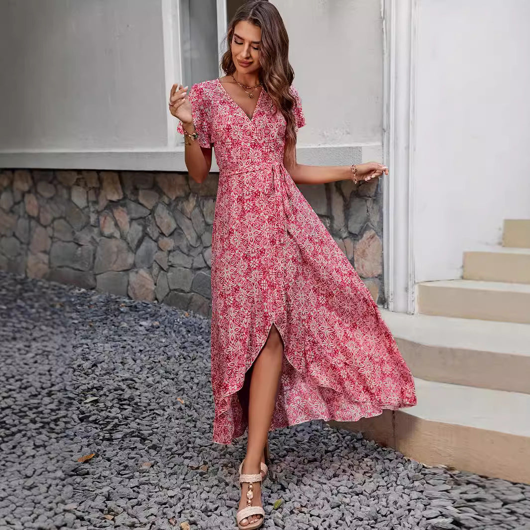 Women's maxi dress with high-cut hem and playful wrap detail Ivyshape
