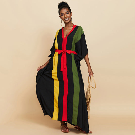 Ladies Maxi Dress with stylish stripes and waist belt Ivyshape