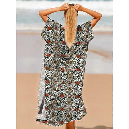 Ladies elegant beach kimono with ornamental print and practical tie bands Ivyshape