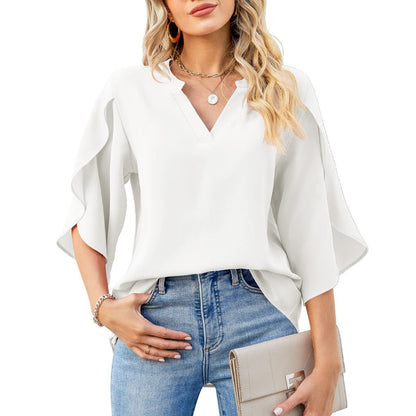 Women's Elegant Blouse with Asymmetric Sleeve and V-Neck Ivyshape