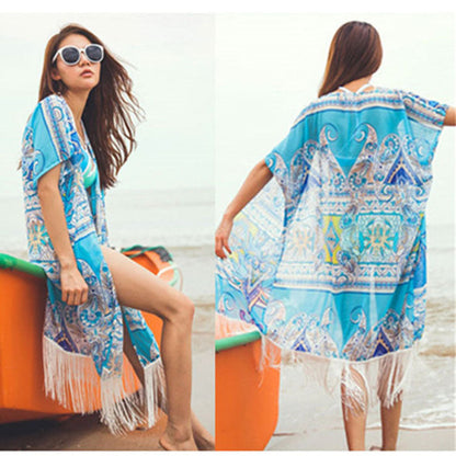 Ladies luxurious beach towel with fringed finish and artistic pattern Ivyshape