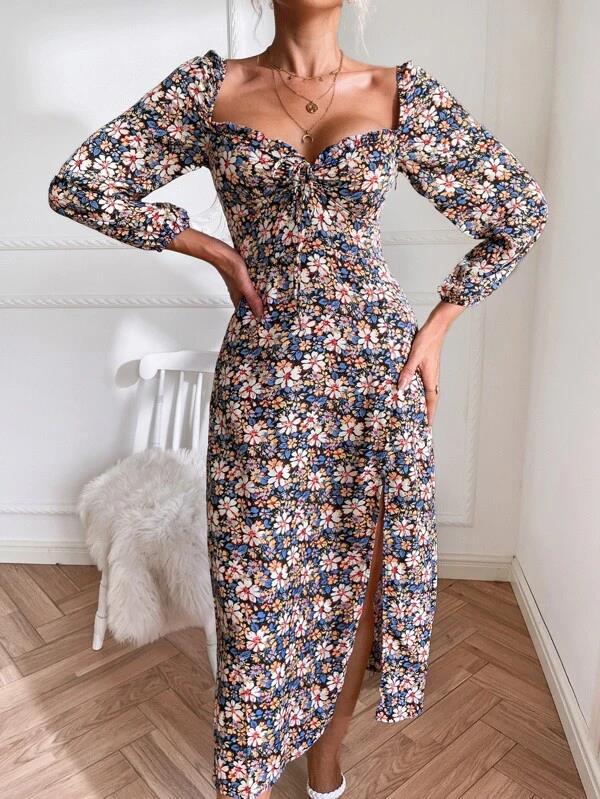 Women's Maxi Dress with Floral Accents and Refined Ruffle Details Ivyshape