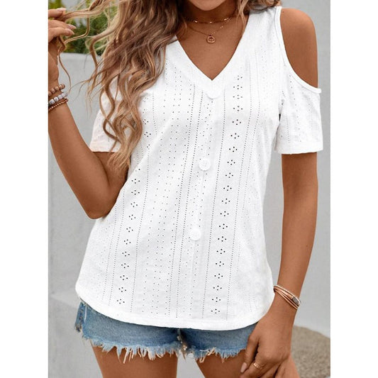 Ladies V-neck top with cutouts and decorative buttons Ivyshape