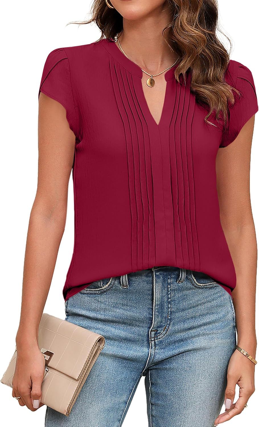 Women Pleated V-Neck Blouse Ivyshape