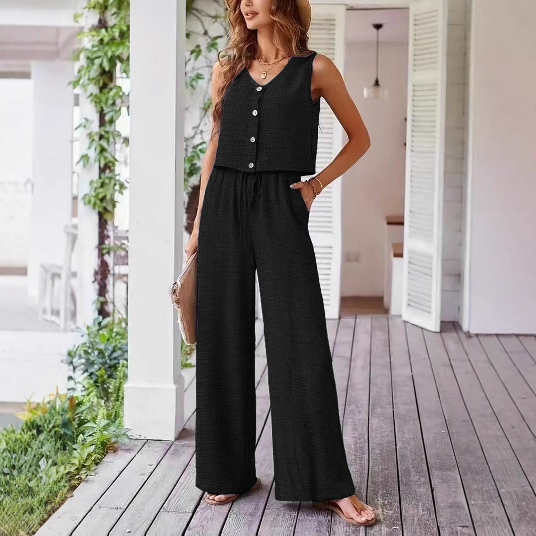 Women's casual jumpsuit with button placket and wide leg Ivyshape
