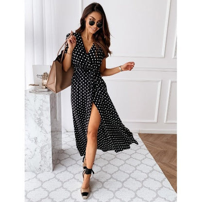 Ladies wrap dress with elegant polka dot pattern and high slit Ivyshape