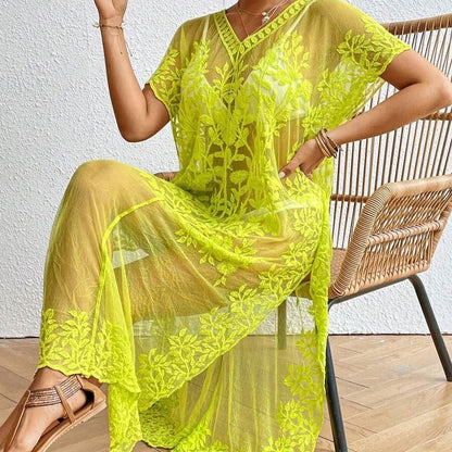 Women's Transparent Beach Robe with Floral Crochet Pattern Ivyshape