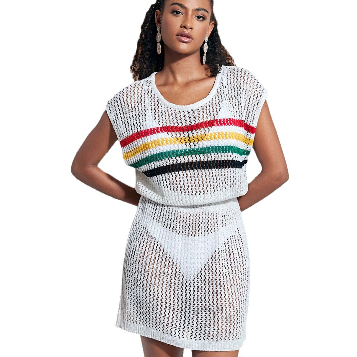 Ladies airy crochet beach cover-up with decorative stripe pattern Ivyshape