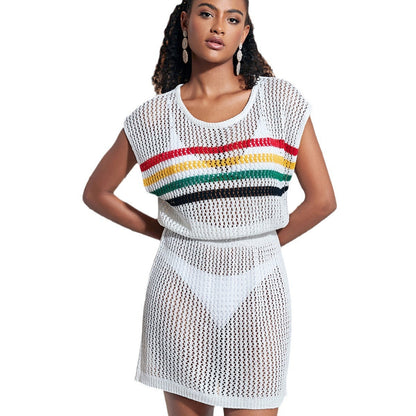 Ladies airy crochet beach cover-up with decorative stripe pattern Ivyshape