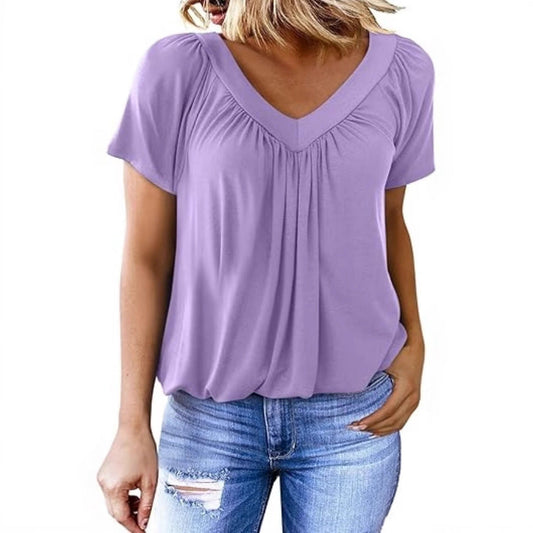 Women Pleated V-Neck Casual Top Ivyshape