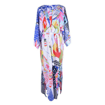Women's trendy beach kimono with deep side slits and colorful pattern Ivyshape