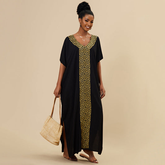 Ladies beach dress with elegant geometric embroidery and deep V-neck Ivyshape