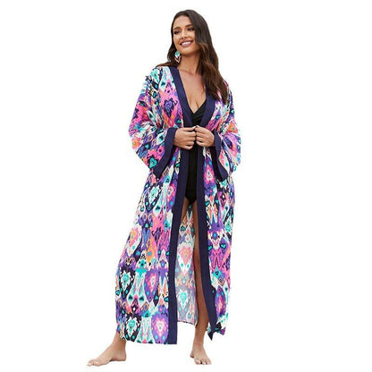 Ladies elegant beach overall with fringed accents and modern print Ivyshape