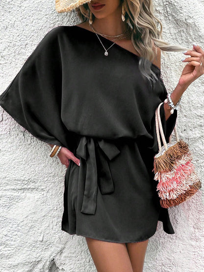 Women’s casual wrap dress with asymmetrical design and waist belt Ivyshape